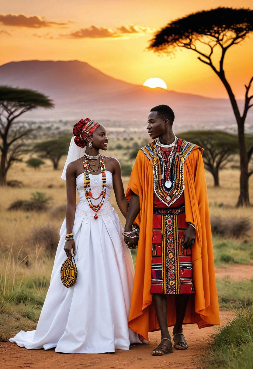 A vibrant collage showcasing diverse couples celebrating love in various African settings, featuring traditional attire and modern styles. Include symbols of marriage and romance, such as wedding rings, a vibrant sunset, and cultural elements like Maasai beading and Zulu shields. The background should depict a picturesque African landscape, symbolizing unity and love across different tribes. super-realistic. vibrant colors. 3D.