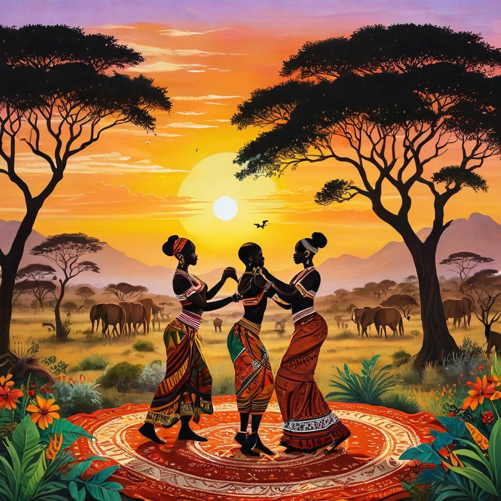 An enchanting African landscape during sunset, featuring a vibrant couple engaged in a traditional dance, surrounded by rich cultural symbols like drums and fabric patterns. Include elements representing love, such as intertwined hands or a heart-shaped ornament subtly integrated in the scene. Add lush greenery and wildlife in the background to emphasize connection with nature. painting. warm colors. engaging composition.